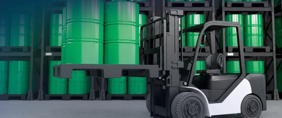 Warehouse of green oil drums