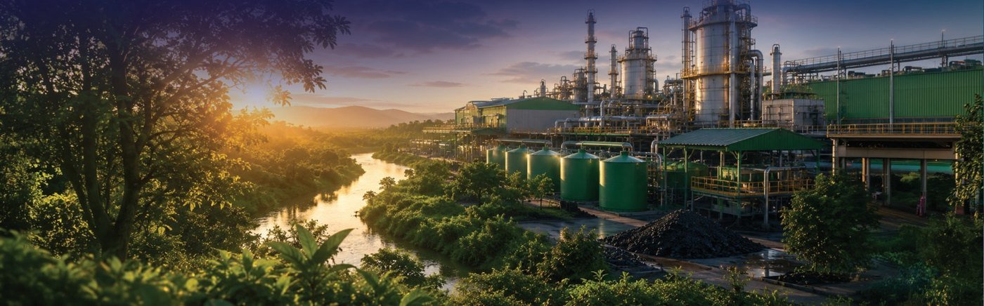 Industrial plant beside a river at sunset